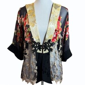 Vintage Spencer Alexis Kimono Top Silk Lace Womens M Asian Floral Burnout Boho